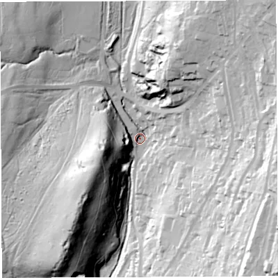 Shaded relief map of the ground around GL143HH, computed from Environment Agency LiDAR. The ground here sits at about 132 m above sea level and falls 75 m across the surrounding 800 m. Surface water reaching this point runs off ground lying to the north-east, 60.8 m higher.