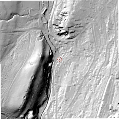Shaded relief map of the ground around GL143HJ, computed from Environment Agency LiDAR. The ground here sits at about 135 m above sea level and falls 87 m across the surrounding 800 m. Surface water reaching this point runs off ground lying to the east-south-east, 66.2 m higher.
