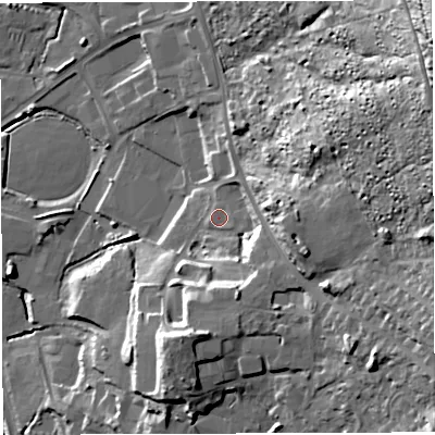 Shaded relief map of the ground around GL143JA, computed from Environment Agency LiDAR. The ground here sits at about 158 m above sea level and falls 60 m across the surrounding 800 m. Surface water reaching this point runs off ground lying to the east, 6.5 m higher.
