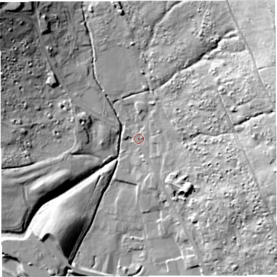 Shaded relief map of the ground around GL143JD, computed from Environment Agency LiDAR. The ground here sits at about 159 m above sea level and falls 55 m across the surrounding 800 m. Surface water reaching this point runs off ground lying to the east-north-east, 33.4 m higher.