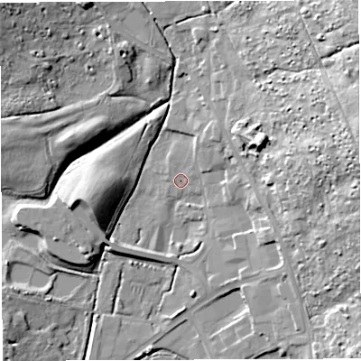 Shaded relief map of the ground around GL143JE, computed from Environment Agency LiDAR. The ground here sits at about 155 m above sea level and falls 39 m across the surrounding 800 m. Surface water reaching this point runs off ground lying to the east-north-east, 24.9 m higher.