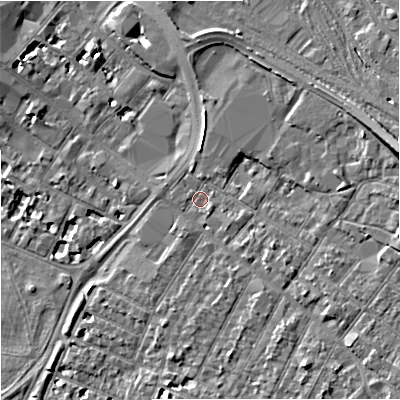 Shaded relief map of the ground around GL14AG, computed from Environment Agency LiDAR. The ground here sits at about 17 m above sea level and falls 11 m across the surrounding 800 m. Surface water reaching this point runs off ground lying to the east-north-east, 7.8 m higher.