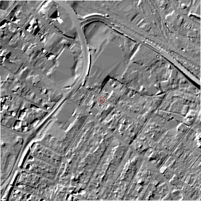 Shaded relief map of the ground around GL14AQ, computed from Environment Agency LiDAR. The ground here sits at about 17 m above sea level and falls 13 m across the surrounding 800 m. Surface water reaching this point runs off ground lying to the east, 10.1 m higher.