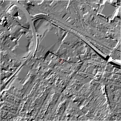 Shaded relief map of the ground around GL14AR, computed from Environment Agency LiDAR. The ground here sits at about 17 m above sea level and falls 16 m across the surrounding 800 m. Surface water reaching this point runs off ground lying to the east, 12.3 m higher.