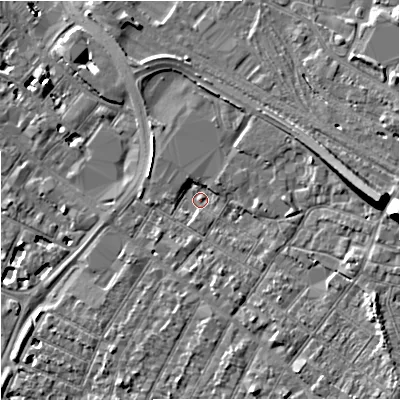 Shaded relief map of the ground around GL14AS, computed from Environment Agency LiDAR. The ground here sits at about 17 m above sea level and falls 15 m across the surrounding 800 m. Surface water reaching this point runs off ground lying to the east, 11.9 m higher.