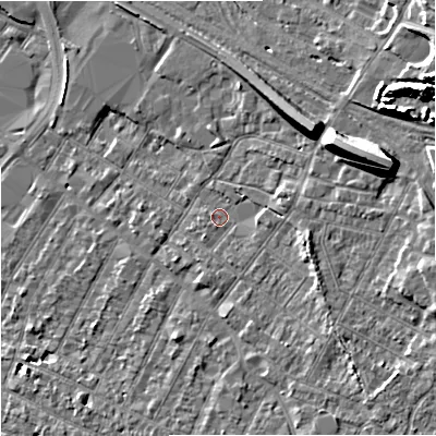 Shaded relief map of the ground around GL14AX, computed from Environment Agency LiDAR. The ground here sits at about 19 m above sea level and falls 14 m across the surrounding 800 m. Surface water reaching this point runs off ground lying to the east-south-east, 3.6 m higher.