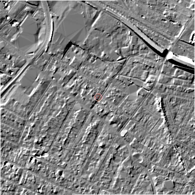 Shaded relief map of the ground around GL14BB, computed from Environment Agency LiDAR. The ground here sits at about 19 m above sea level and falls 16 m across the surrounding 800 m. Surface water reaching this point runs off ground lying to the south-east, 1.6 m higher.