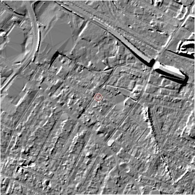 Shaded relief map of the ground around GL14BG, computed from Environment Agency LiDAR. The ground here sits at about 19 m above sea level and falls 15 m across the surrounding 800 m. Surface water reaching this point runs off ground lying to the east-north-east, 11.7 m higher.