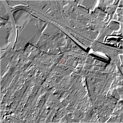 Shaded relief map of the ground around GL14BH, computed from Environment Agency LiDAR. The ground here sits at about 19 m above sea level and falls 14 m across the surrounding 800 m. Surface water reaching this point runs off ground lying to the east, 11.4 m higher.