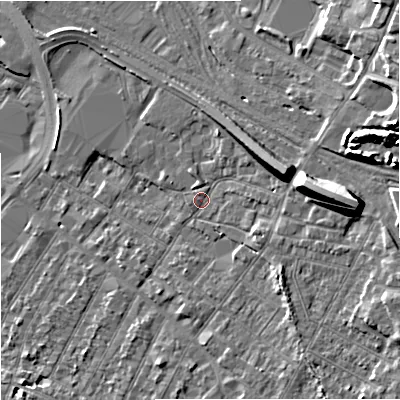 Shaded relief map of the ground around GL14BJ, computed from Environment Agency LiDAR. The ground here sits at about 19 m above sea level and falls 14 m across the surrounding 800 m. Surface water reaching this point runs off ground lying to the east-north-east, 8.7 m higher.