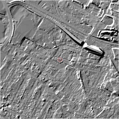 Shaded relief map of the ground around GL14BL, computed from Environment Agency LiDAR. The ground here sits at about 19 m above sea level and falls 14 m across the surrounding 800 m. Surface water reaching this point runs off ground lying to the east, 11.3 m higher.