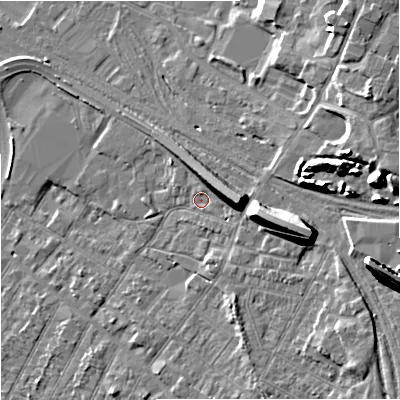 Shaded relief map of the ground around GL14BP, computed from Environment Agency LiDAR. The ground here sits at about 20 m above sea level and falls 15 m across the surrounding 800 m. Surface water reaching this point runs off ground lying to the east, 8.0 m higher.
