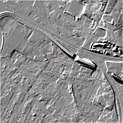 Shaded relief map of the ground around GL14BW, computed from Environment Agency LiDAR. The ground here sits at about 20 m above sea level and falls 15 m across the surrounding 800 m. Surface water reaching this point runs off ground lying to the east, 7.7 m higher.
