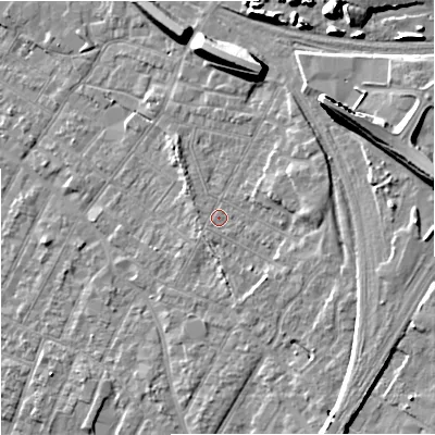 Shaded relief map of the ground around GL14DD, computed from Environment Agency LiDAR. The ground here sits at about 21 m above sea level and falls 14 m across the surrounding 800 m. Surface water reaching this point runs off ground lying to the west-north-west, 0.8 m higher.