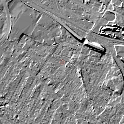 Shaded relief map of the ground around GL14DG, computed from Environment Agency LiDAR. The ground here sits at about 19 m above sea level and falls 15 m across the surrounding 800 m. Surface water reaching this point runs off ground lying to the east, 2.4 m higher.