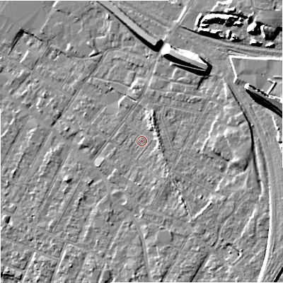 Shaded relief map of the ground around GL14DH, computed from Environment Agency LiDAR. The ground here sits at about 20 m above sea level and falls 15 m across the surrounding 800 m. Surface water reaching this point runs off ground lying to the east, 0.8 m higher.