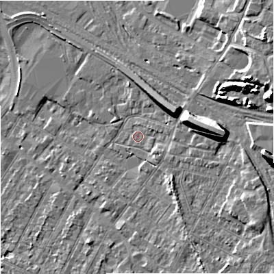 Shaded relief map of the ground around GL14DS, computed from Environment Agency LiDAR. The ground here sits at about 19 m above sea level and falls 15 m across the surrounding 800 m. Surface water reaching this point runs off ground lying to the east, 11.1 m higher.