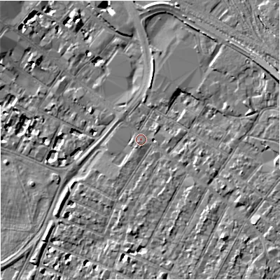 Shaded relief map of the ground around GL14DZ, computed from Environment Agency LiDAR. The ground here sits at about 17 m above sea level and falls 10 m across the surrounding 800 m. Surface water reaching this point runs off ground lying to the east-north-east, 6.5 m higher.
