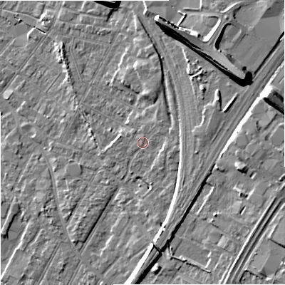 Shaded relief map of the ground around GL14EA, computed from Environment Agency LiDAR. The ground here sits at about 23 m above sea level and falls 14 m across the surrounding 800 m. Surface water reaching this point runs off ground lying to the east-south-east, 2.5 m higher.