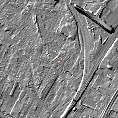 Shaded relief map of the ground around GL14EB, computed from Environment Agency LiDAR. The ground here sits at about 23 m above sea level and falls 15 m across the surrounding 800 m. Surface water reaching this point runs off ground lying to the west, 0.6 m higher.