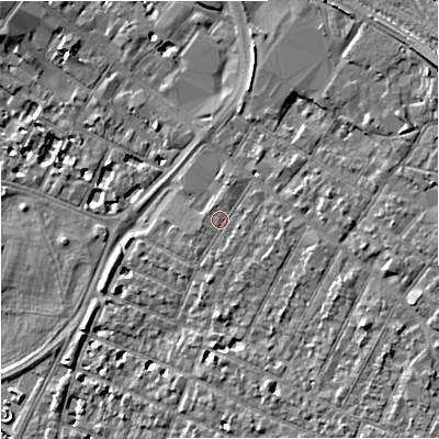 Shaded relief map of the ground around GL14EE, computed from Environment Agency LiDAR. The ground here sits at about 17 m above sea level and falls 9 m across the surrounding 800 m. Surface water reaching this point runs off ground lying to the east-south-east, 0.7 m higher.
