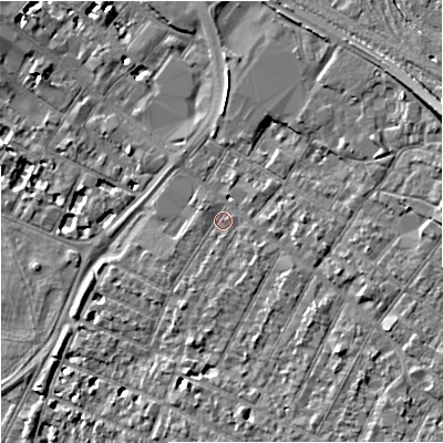 Shaded relief map of the ground around GL14EF, computed from Environment Agency LiDAR. The ground here sits at about 17 m above sea level and falls 11 m across the surrounding 800 m. Surface water reaching this point runs off ground lying to the east-south-east, 2.6 m higher.