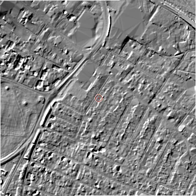 Shaded relief map of the ground around GL14EL, computed from Environment Agency LiDAR. The ground here sits at about 17 m above sea level and falls 10 m across the surrounding 800 m. Surface water reaching this point runs off ground lying to the east-north-east, 0.7 m higher.