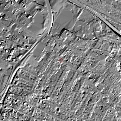 Shaded relief map of the ground around GL14EN, computed from Environment Agency LiDAR. The ground here sits at about 17 m above sea level and falls 14 m across the surrounding 800 m. Surface water reaching this point runs off ground lying to the east-south-east, 2.5 m higher.