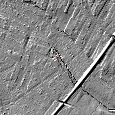 Shaded relief map of the ground around GL14FB, computed from Environment Agency LiDAR. The ground here sits at about 20 m above sea level and falls 12 m across the surrounding 800 m. Surface water reaching this point runs off ground lying to the south-south-east, 10.7 m higher.