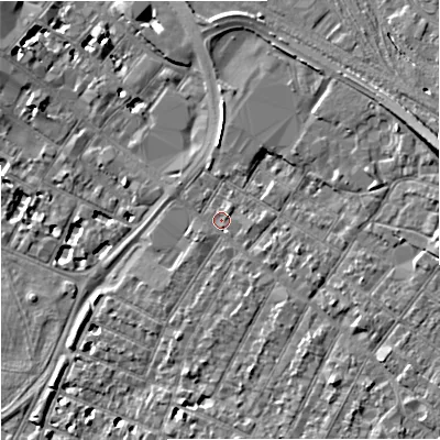 Shaded relief map of the ground around GL14HR, computed from Environment Agency LiDAR. The ground here sits at about 17 m above sea level and falls 11 m across the surrounding 800 m. Surface water reaching this point runs off ground lying to the south-east, 3.4 m higher.