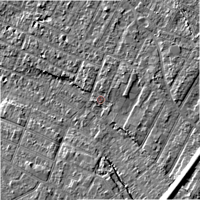 Shaded relief map of the ground around GL14NE, computed from Environment Agency LiDAR. The ground here sits at about 19 m above sea level and falls 13 m across the surrounding 800 m. Surface water reaching this point runs off ground lying to the north-north-east, 2.4 m higher.