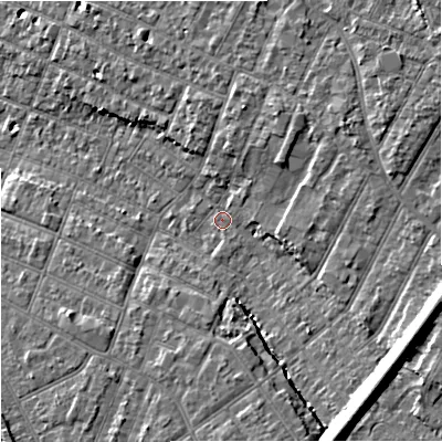 Shaded relief map of the ground around GL14NH, computed from Environment Agency LiDAR. The ground here sits at about 17 m above sea level and falls 13 m across the surrounding 800 m. Surface water reaching this point runs off ground lying to the south-south-east, 10.7 m higher.