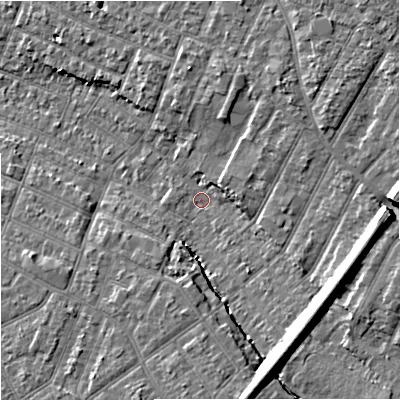 Shaded relief map of the ground around GL14NJ, computed from Environment Agency LiDAR. The ground here sits at about 17 m above sea level and falls 12 m across the surrounding 800 m. Surface water reaching this point runs off ground lying to the south-south-east, 10.8 m higher.
