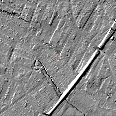 Shaded relief map of the ground around GL14NL, computed from Environment Agency LiDAR. The ground here sits at about 19 m above sea level and falls 12 m across the surrounding 800 m. Surface water reaching this point runs off ground lying to the east-south-east, 8.5 m higher.