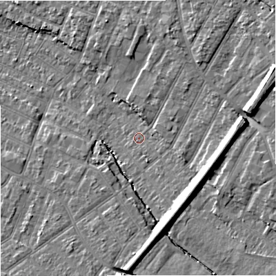 Shaded relief map of the ground around GL14NN, computed from Environment Agency LiDAR. The ground here sits at about 19 m above sea level and falls 12 m across the surrounding 800 m. Surface water reaching this point runs off ground lying to the east-south-east, 8.8 m higher.