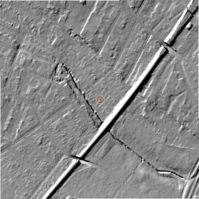 Shaded relief map of the ground around GL14NP, computed from Environment Agency LiDAR. The ground here sits at about 20 m above sea level and falls 12 m across the surrounding 800 m. Surface water reaching this point runs off ground lying to the east-south-east, 7.2 m higher.