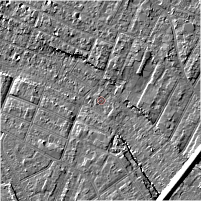Shaded relief map of the ground around GL14NQ, computed from Environment Agency LiDAR. The ground here sits at about 17 m above sea level and falls 13 m across the surrounding 800 m. Surface water reaching this point runs off ground lying to the south, 2.3 m higher.