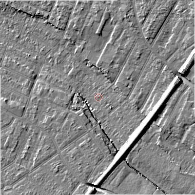 Shaded relief map of the ground around GL14NS, computed from Environment Agency LiDAR. The ground here sits at about 19 m above sea level and falls 12 m across the surrounding 800 m. Surface water reaching this point runs off ground lying to the south-east, 2.3 m higher.