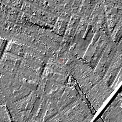 Shaded relief map of the ground around GL14NT, computed from Environment Agency LiDAR. The ground here sits at about 17 m above sea level and falls 13 m across the surrounding 800 m. Surface water reaching this point runs off ground lying to the south, 3.7 m higher.