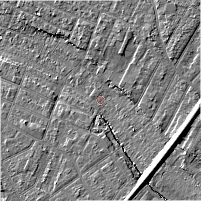 Shaded relief map of the ground around GL14NU, computed from Environment Agency LiDAR. The ground here sits at about 18 m above sea level and falls 13 m across the surrounding 800 m. Surface water reaching this point runs off ground lying to the south-south-east, 10.9 m higher.