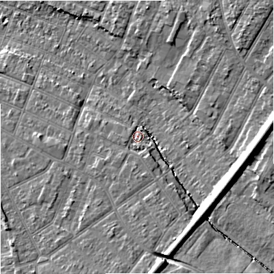 Shaded relief map of the ground around GL14NY, computed from Environment Agency LiDAR. The ground here sits at about 19 m above sea level and falls 13 m across the surrounding 800 m. Surface water reaching this point runs off ground lying to the south, 3.7 m higher.