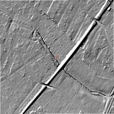 Shaded relief map of the ground around GL14PL, computed from Environment Agency LiDAR. The ground here sits at about 20 m above sea level and falls 13 m across the surrounding 800 m. Surface water reaching this point runs off ground lying to the south, 9.0 m higher.