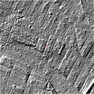 Shaded relief map of the ground around GL14SP, computed from Environment Agency LiDAR. The ground here sits at about 20 m above sea level and falls 13 m across the surrounding 800 m. Surface water reaching this point runs off ground lying to the east-south-east, 1.3 m higher.