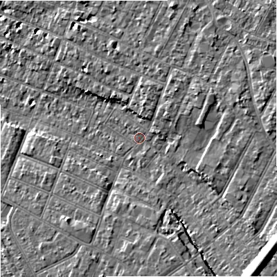 Shaded relief map of the ground around GL14SR, computed from Environment Agency LiDAR. The ground here sits at about 17 m above sea level and falls 13 m across the surrounding 800 m. Surface water reaching this point runs off ground lying to the south-east, 10.7 m higher.