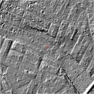 Shaded relief map of the ground around GL14SS, computed from Environment Agency LiDAR. The ground here sits at about 17 m above sea level and falls 14 m across the surrounding 800 m. Surface water reaching this point runs off ground lying to the south-east, 10.7 m higher.