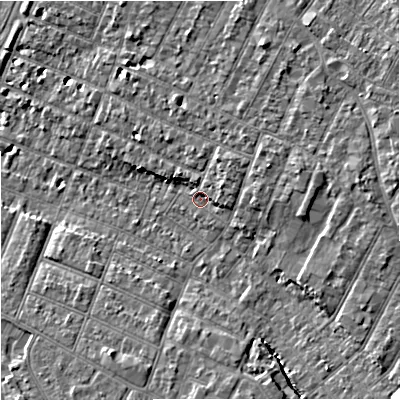 Shaded relief map of the ground around GL14ST, computed from Environment Agency LiDAR. The ground here sits at about 17 m above sea level and falls 12 m across the surrounding 800 m. Surface water reaching this point runs off ground lying to the east-north-east, 3.3 m higher.