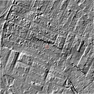 Shaded relief map of the ground around GL14SU, computed from Environment Agency LiDAR. The ground here sits at about 16 m above sea level and falls 9 m across the surrounding 800 m. Surface water reaching this point runs off ground lying to the east-north-east, 4.0 m higher.