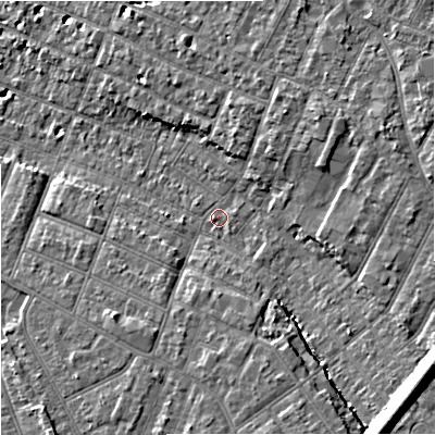 Shaded relief map of the ground around GL14SY, computed from Environment Agency LiDAR. The ground here sits at about 17 m above sea level and falls 14 m across the surrounding 800 m. Surface water reaching this point runs off ground lying to the south-east, 10.7 m higher.