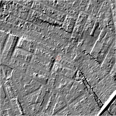 Shaded relief map of the ground around GL14SZ, computed from Environment Agency LiDAR. The ground here sits at about 18 m above sea level and falls 14 m across the surrounding 800 m. Surface water reaching this point runs off ground lying to the south-south-east, 6.5 m higher.