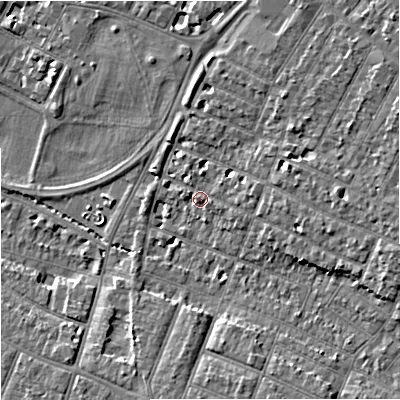 Shaded relief map of the ground around GL14UJ, computed from Environment Agency LiDAR. The ground here sits at about 15 m above sea level and falls 8 m across the surrounding 800 m. Surface water reaching this point runs off ground lying to the east-south-east, 5.0 m higher.